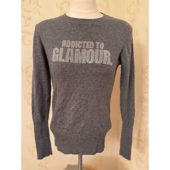 Ladies Large Aqua Cashmere 100% Cashmere Gray "Addicted to Glamour" Sweater - Picture 1 of 4